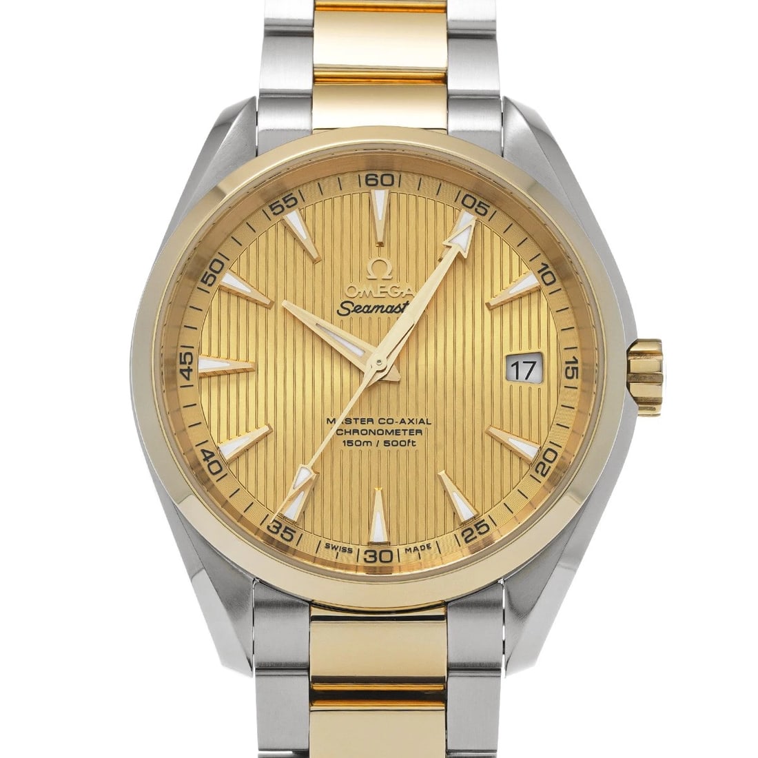 OMEGA SEAMASTER AQUA TERRA MASTER CO-AXIAL CHAMPAGNE WATCH: OMEGA Seamaster Aqua Terra Master Co-axial Champagne Watch Brand: OMEGA Type/Style: Wristwatch Material: Band Material Stainless steel/Yellow Gold, Case Material Stainless steel Color: Dial Color