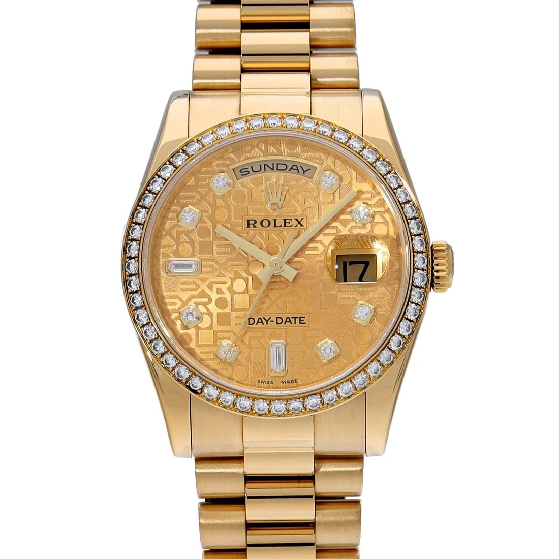 ROLEX DAY-DATE CHAMPAGNE COMPUTER/DIAMOND WATCH: ROLEX Day-Date Champagne computer/diamond Watch Brand: ROLEX Type/Style: Wristwatch Material: Band Material Yellow Gold, Case Material Yellow Gold Color: Dial Color Champagne computer Size: Case Size 