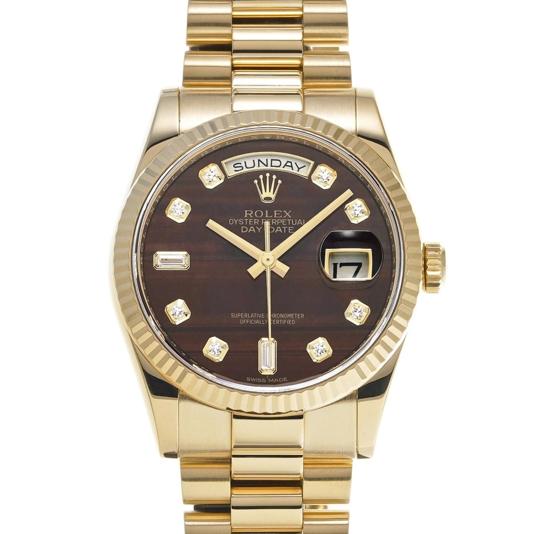 ROLEX DAY-DATE BULLSEYE/DIAMOND WATCH: ROLEX Day-Date Bullseye/Diamond Watch Brand: ROLEX Type/Style: Wristwatch Material: Band Material Yellow Gold, Case Material Yellow Gold Color: Dial Color Bullseye/Diamond Size: Case Size H/about 36mm