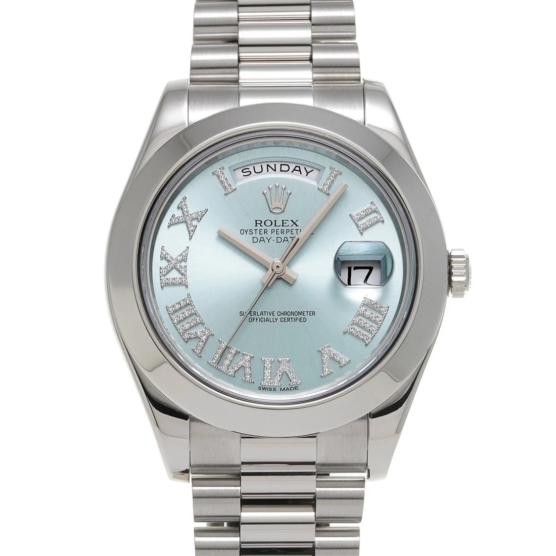 ROLEX DAY-DATE II ICE BLUE/DIAMOND WATCH: ROLEX Day-Date II Ice blue/diamond Watch Brand: ROLEX Type/Style: Wristwatch Material: Band Material Platinum, Case Material Platinum Color: Dial Color Ice blue Size: Case Size H/about 41mm W/about