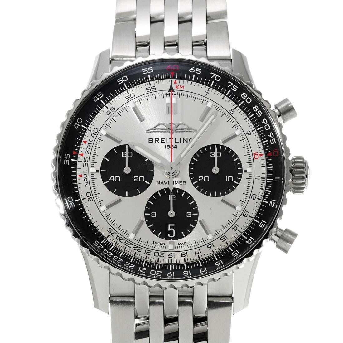 BREITLING NAVITIMER CHRONOGRAPH 43 SILVER/BLACK WATCH: BREITLING Navitimer Chronograph 43 Silver/black Watch Brand: Breitling Type/Style: Wristwatch Material: Band Material Stainless steel, Case Material Stainless Steel Color: Dial Color Silver Size: