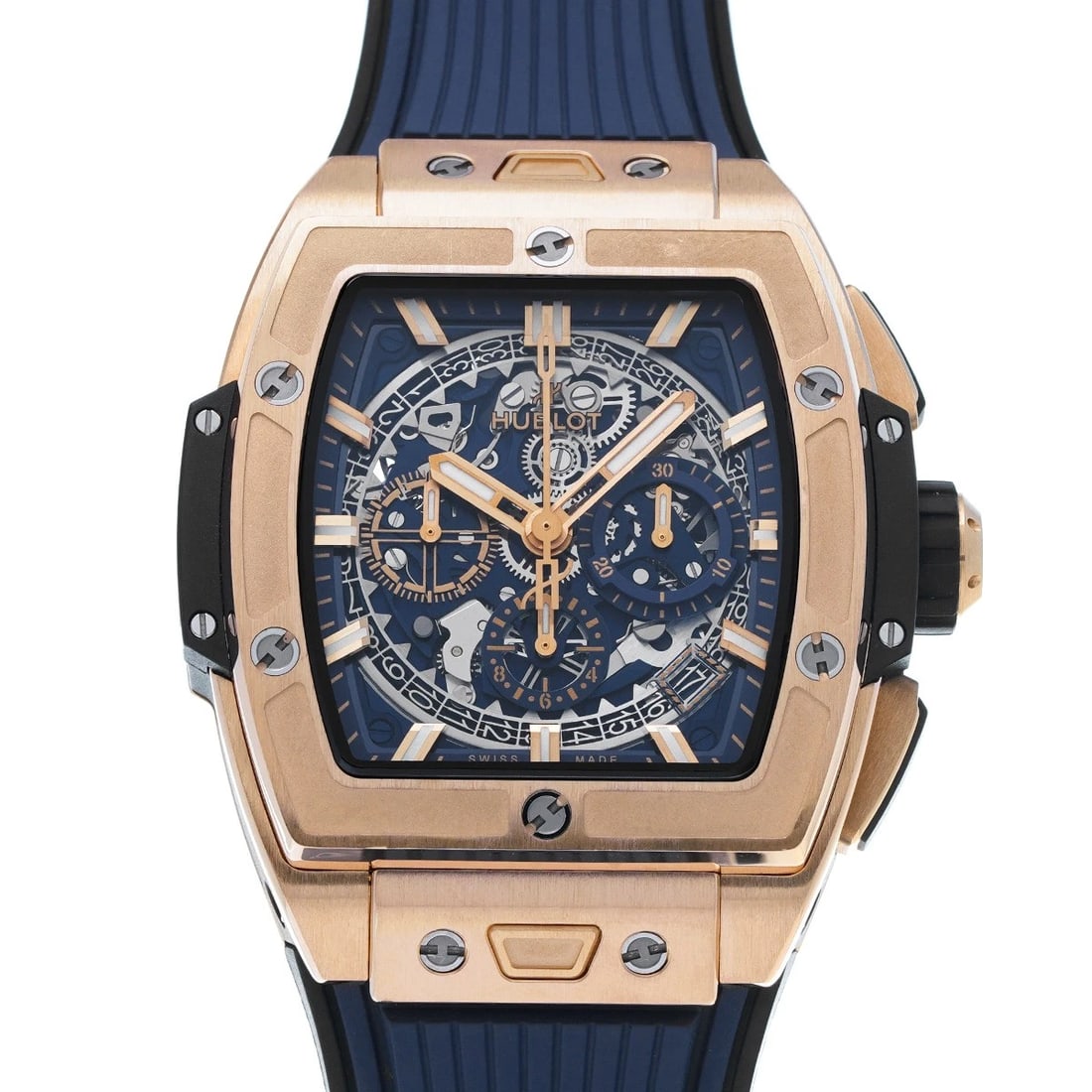 HUBLOT SPIRIT OF BIG BANG KING GOLD BLUE WATCH: HUBLOT Spirit of Big Bang King Gold Blue Watch Brand: HUBLOT Type/Style: Wristwatch Material: Band Material rubber, Case Material King gold Color: Dial Color blue Size: Case Size H/about 42mm W/about