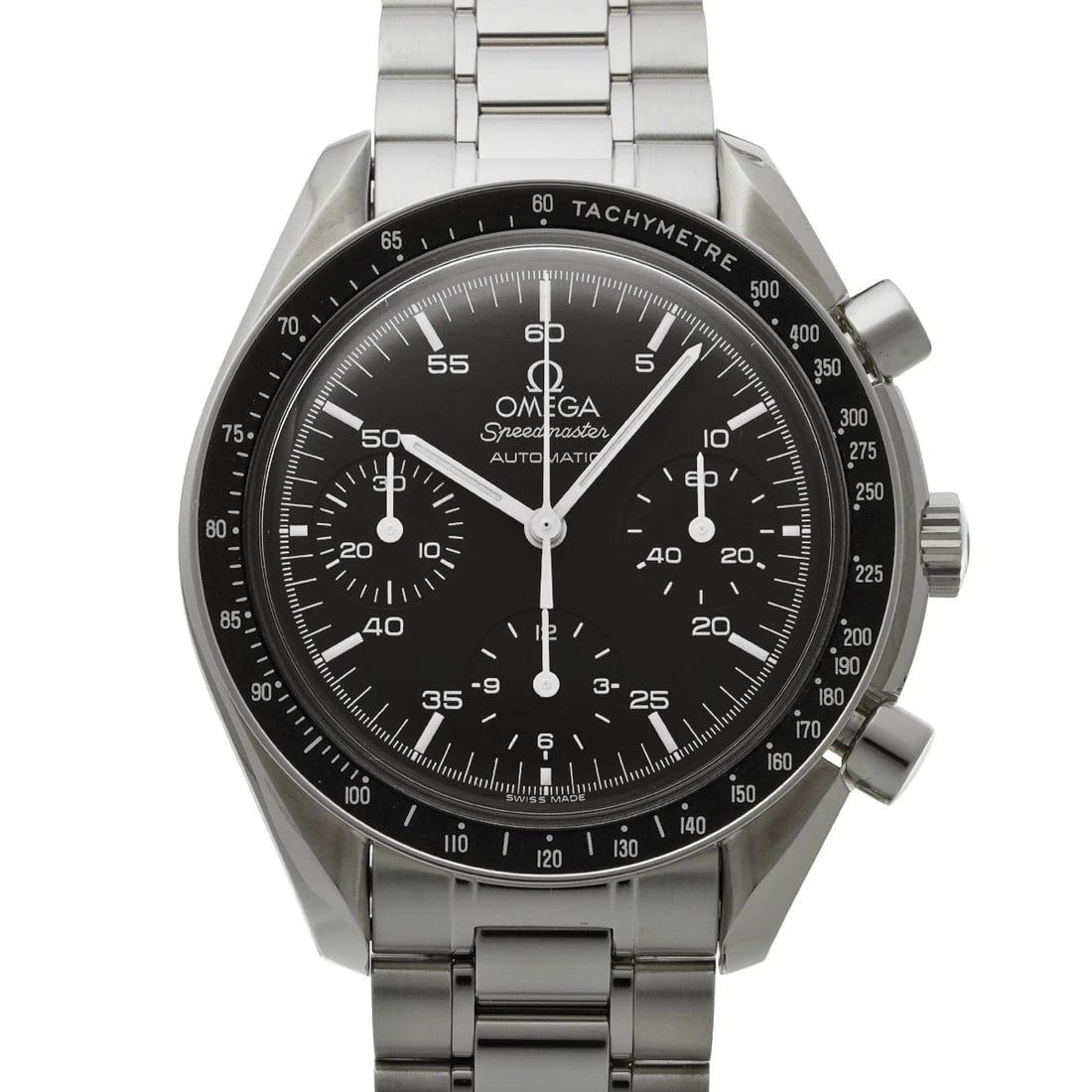 OMEGA SPEEDMASTER AUTOMATIC BLACK WATCH: OMEGA Speedmaster Automatic black Watch Brand: OMEGA Type/Style: Wristwatch Material: Band Material Stainless steel, Case Material Stainless steel Color: Dial Color black Size: Case Size H/about 39mm