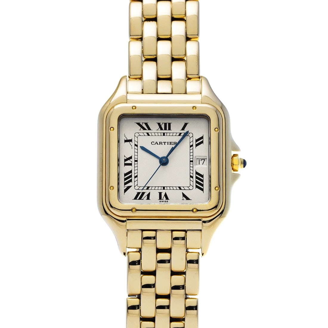 CARTIER PANTHERE MM SILVER WATCH: CARTIER Panthere MM Silver Watch Brand: CARTIER Type/Style: Wristwatch Material: Band Material Yellow Gold, Case Material Yellow Gold Color: Dial Color Silver Size: Case Size H/about 38mm W/about