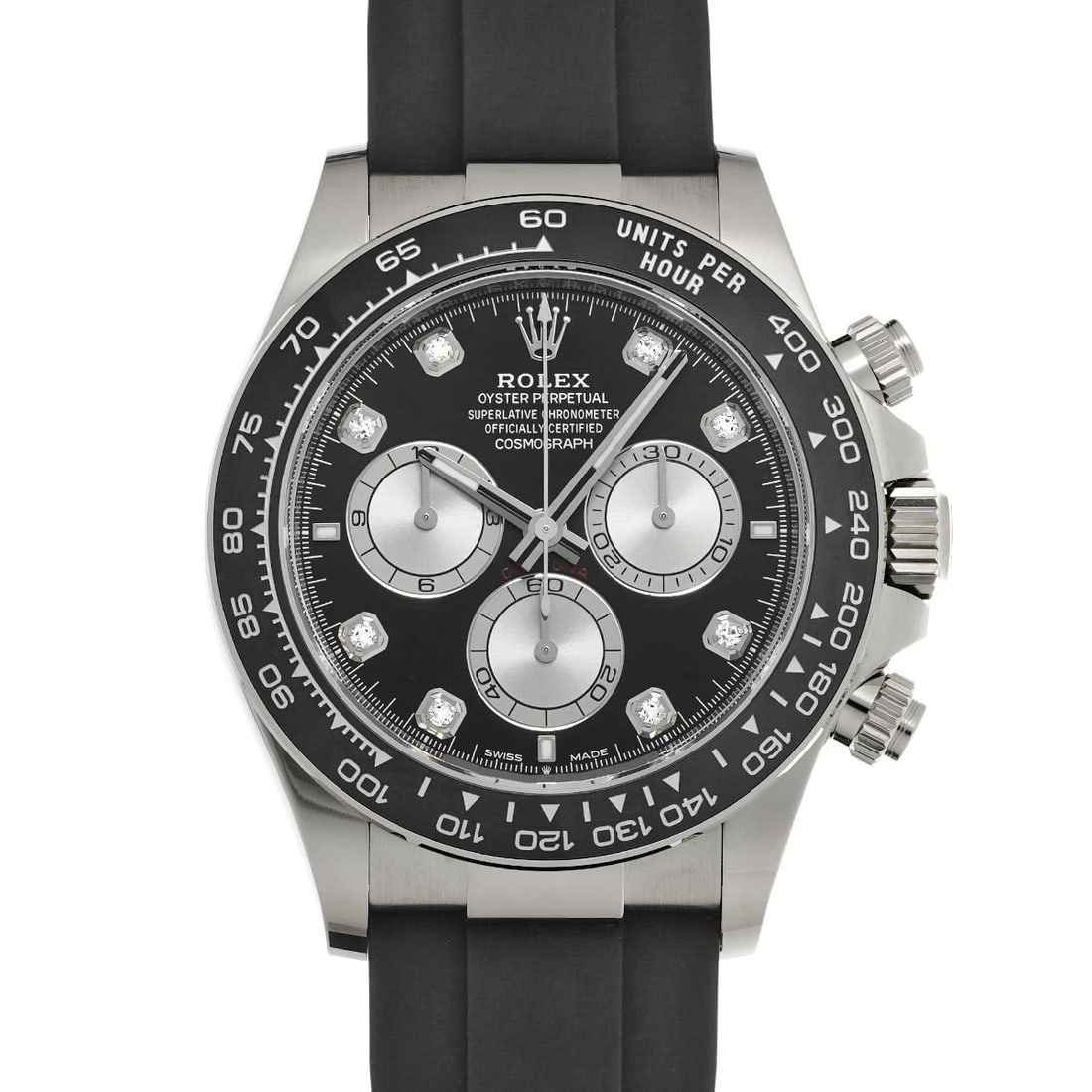 ROLEX COSMOGRAPH DAYTONA BRIGHT BLACK/STEEL/DIAMOND WATCH: ROLEX Cosmograph Daytona Bright black/Steel/Diamond Watch Brand: ROLEX Type/Style: Wristwatch Material: Band Material rubber, Case Material White gold Color: Dial Color Bright black Size: Case Size