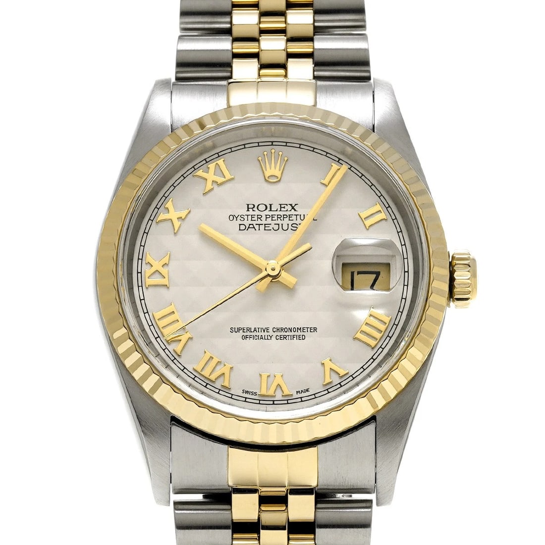 ROLEX DATEJUST IVORY PYRAMID WATCH: ROLEX Datejust Ivory Pyramid Watch Brand: ROLEX Type/Style: Wristwatch Material: Band Material Stainless steel/Yellow Gold, Case Material Stainless steel Color: Dial Color Ivory Pyramid Size: Case