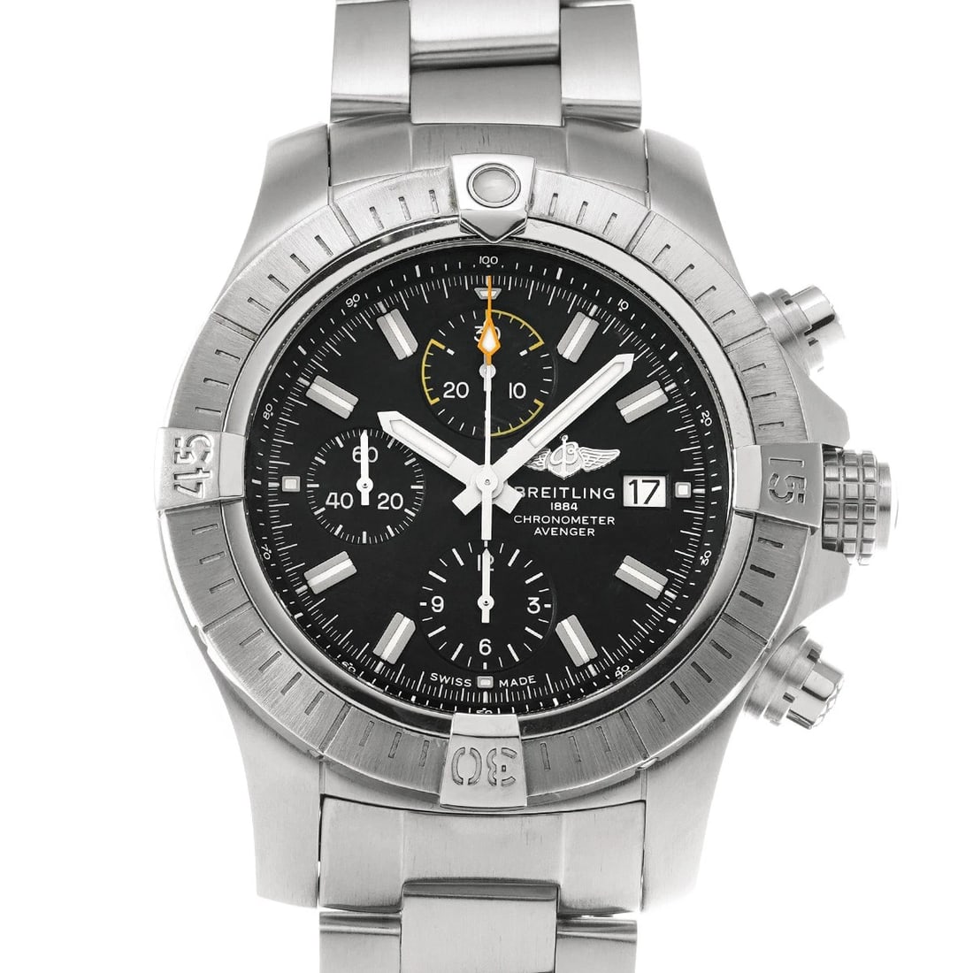 BREITLING AVENGER CHRONOGRAPH 45 BLACK WATCH: BREITLING Avenger Chronograph 45 black Watch Brand: Breitling Type/Style: Wristwatch Material: Band Material Stainless Steel, Case Material Stainless Steel Color: Dial Color Dial Color Black Band