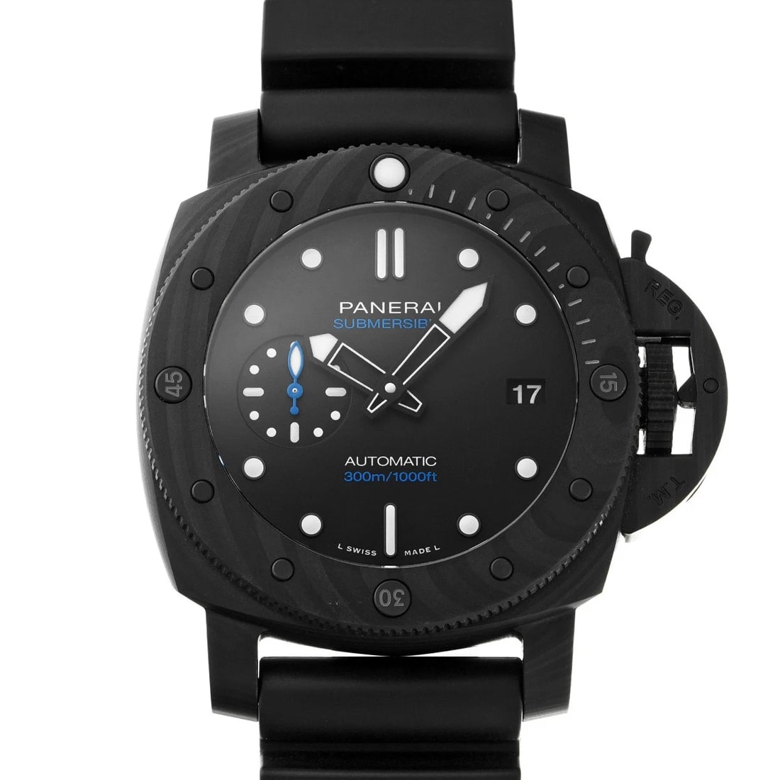 PANERAI SUBMERSIBLE CARBOTECH BLACK WATCH: PANERAI Submersible Carbotech black Watch Brand: PANERAI Type/Style: Wristwatch Material: Band Material rubber, Case Material Carbotech Color: Dial Color black Size: Case Size H/about 42mm W/about