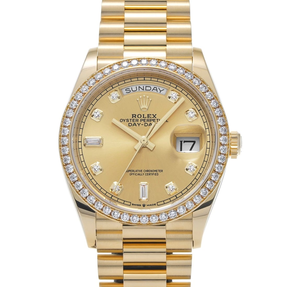 ROLEX DAY-DATE 36 CHAMPAGNE/DIAMOND WATCH: ROLEX Day-Date 36 Champagne/diamond Watch Brand: ROLEX Type/Style: Wristwatch Material: Band Material Yellow Gold, Case Material Yellow Gold Color: Dial Color Champagne Size: Case Size H/about 36mm W/