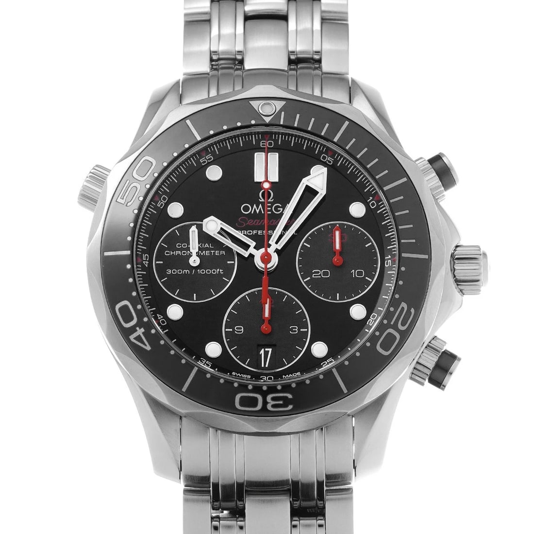 OMEGA SEAMASTER DIVER CO-AXIAL CHRONOGRAPH BLACK WATCH: OMEGA Seamaster Diver Co-axial Chronograph black Watch Brand: OMEGA Type/Style: Wristwatch Material: Band Material Stainless Steel, Case Material Stainless Steel Color: Dial Color Dial Color Black Cas