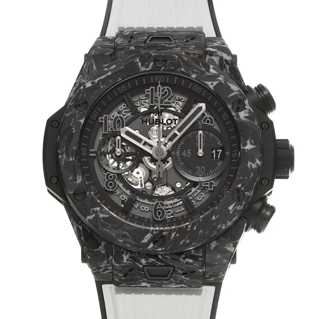 HUBLOT BIG BANG UNICO CARBON WHITE MATTE BLACK SKELETON WATCH: HUBLOT Big Bang Unico Carbon White Matte black skeleton Watch Brand: Hublot Type/Style: Wristwatch Material: Band Material Rubber, Case Material Carbon Fiber Color: Dial Color Dial Color Black Case Co