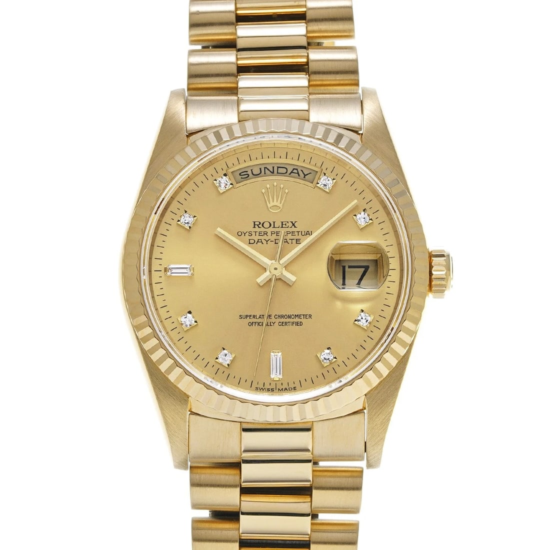 ROLEX DAY-DATE CHAMPAGNE/DIAMOND WATCH: ROLEX Day-Date Champagne/diamond Watch Brand: ROLEX Type/Style: Wristwatch Material: Band Material Yellow Gold, Case Material Yellow Gold Color: Dial Color Champagne Size: Case Size H/about 36mm W/abo
