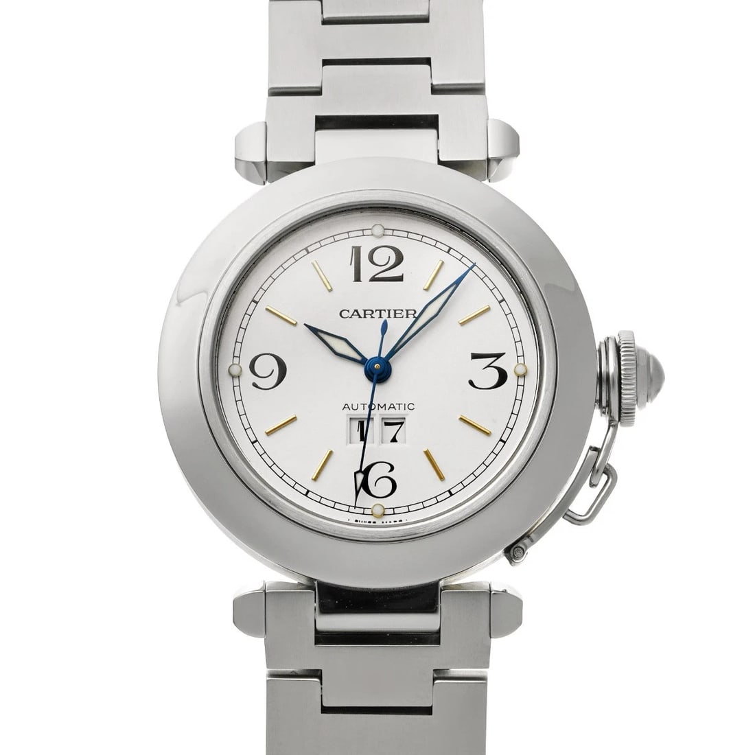 CARTIER PASHA BIG DATE WHITE WATCH: CARTIER Pasha Big Date white Watch Brand: CARTIER Type/Style: Wristwatch Material: Band Material Stainless steel, Case Material Stainless steel Color: Dial Color white Size: Case Size H/about 35mm