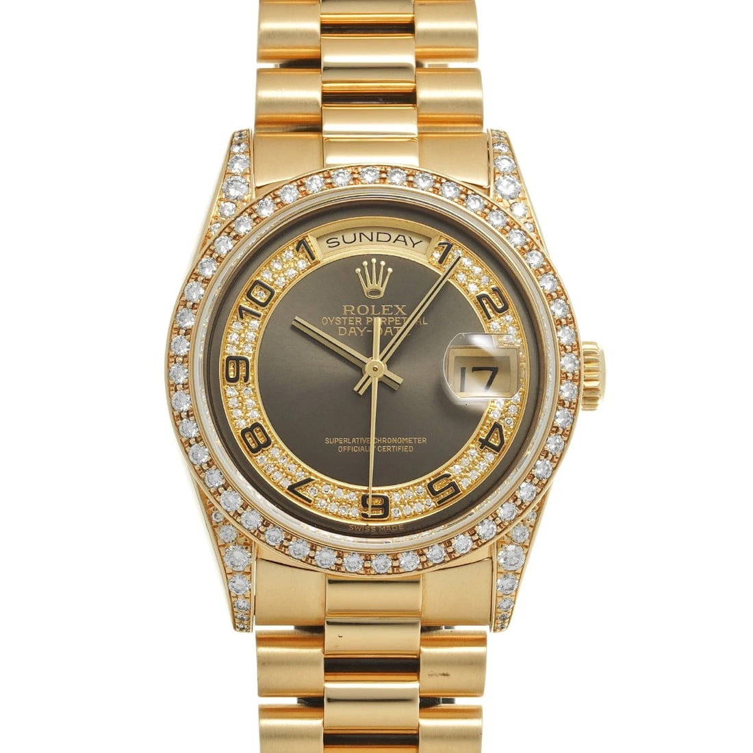 ROLEX DAY-DATE GRAY/DIAMOND WATCH: ROLEX Day-Date gray/diamond Watch Brand: Rolex Type/Style: Wristwatch Material: Band Material Yellow Gold, Case Material Yellow Gold, Diamonds Color: Dial Color Dial Color Champagne Case Color White,