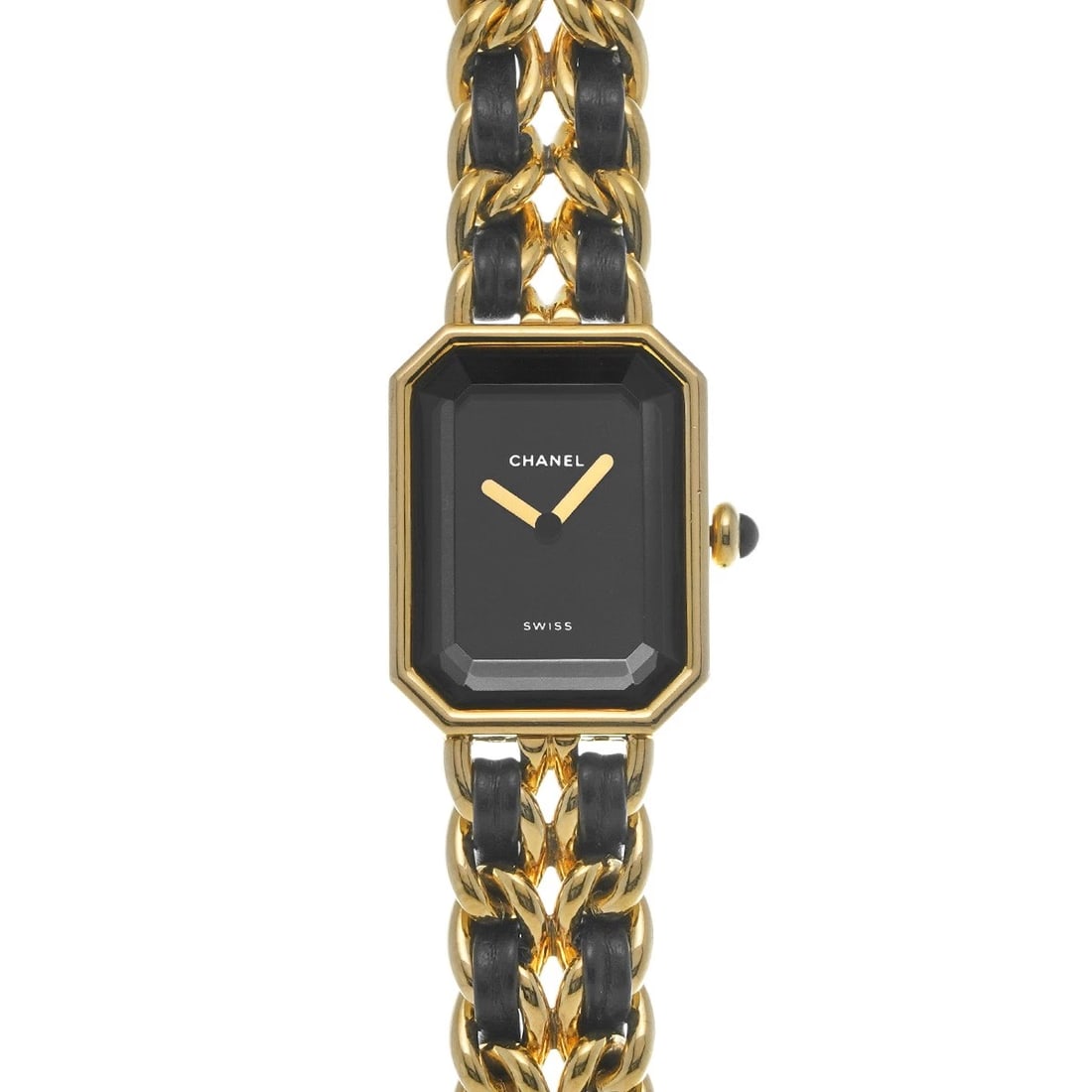 CHANEL PREMIRE BLACK WATCH: CHANEL Premire black Watch Brand: CHANEL Type/Style: Wristwatch Material: Band Material Leather, Gold Plated, Stainless Steel, Metal, Yellow Gold, Case Material Gold Plated, Stainless Steel Color: