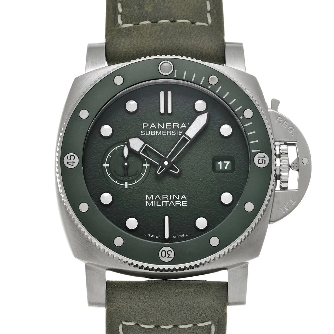 PANERAI SUBMERSIBLE MARINA MILITARE MATTE GREEN WATCH: PANERAI Submersible Marina Militare matte green Watch Brand: PANERAI Type/Style: Wristwatch Material: Band Material calf, Case Material Carbotech Color: Dial Color Dial Color matte green Band Color