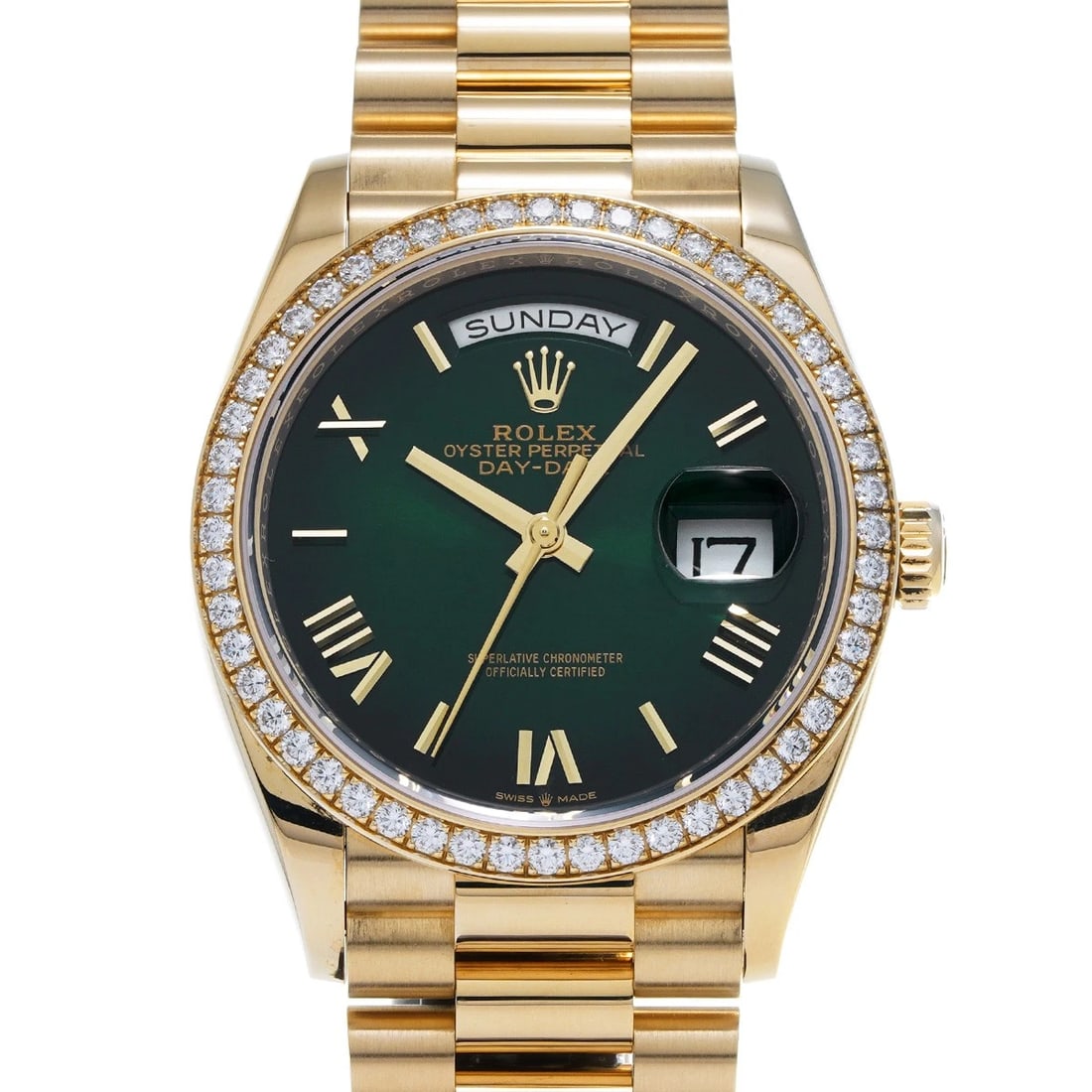 ROLEX DAY-DATE 36 GREEN OMBRE WATCH: ROLEX Day-Date 36 Green ombre Watch Brand: ROLEX Type/Style: Wristwatch Material: Band Material Yellow Gold, Case Material Yellow Gold Color: Dial Color Green ombre Size: Case Size H/about 36mm