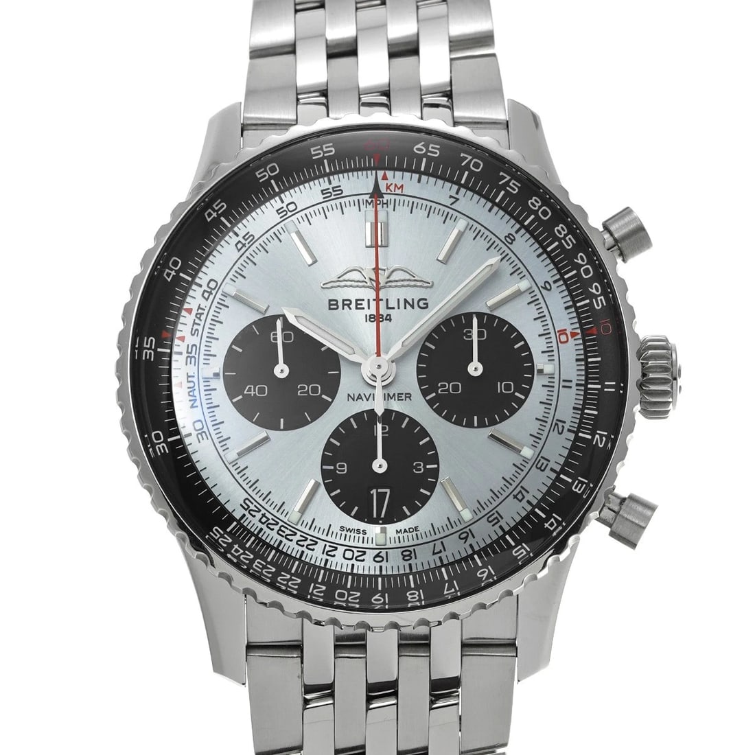 BREITLING NAVITIMER CHRONOGRAPH 43 ICE BLUE/BLACK WATCH: BREITLING Navitimer Chronograph 43 Ice blue/black Watch Brand: Breitling Type/Style: Wristwatch Material: Band Material Stainless steel, Case Material Stainless Steel Color: Dial Color Dial Color Ice 