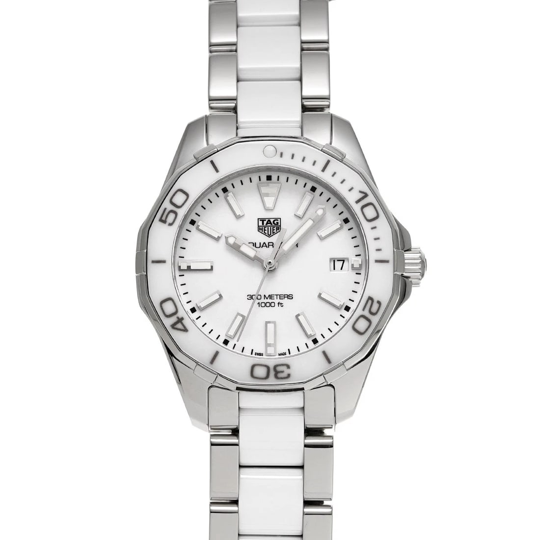 TAG HEUER AQUARACER QUARTZ WHITE WATCH: TAG HEUER Aquaracer Quartz white Watch Brand: TAG HEUER Type/Style: Wristwatch Material: Band Material Stainless steel/ceramic, Case Material Stainless steel Color: Dial Color white Size: Case Size
