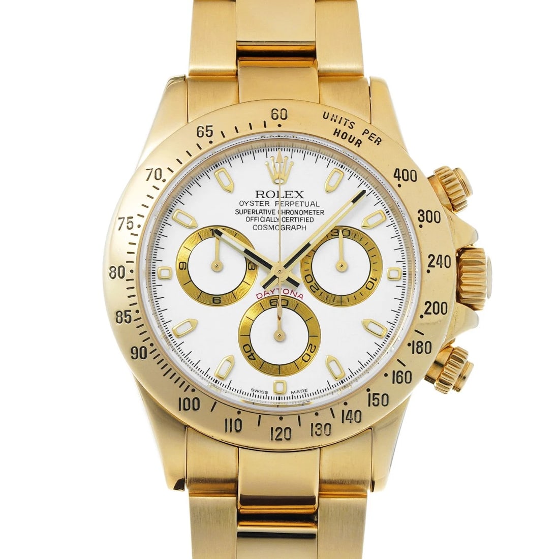ROLEX COSMOGRAPH DAYTONA WHITE WATCH: ROLEX Cosmograph Daytona white Watch Brand: ROLEX Type/Style: Wristwatch Material: Band Material Yellow Gold, Case Material Yellow Gold Color: Dial Color white Size: Case Size H/about 40mm W/about
