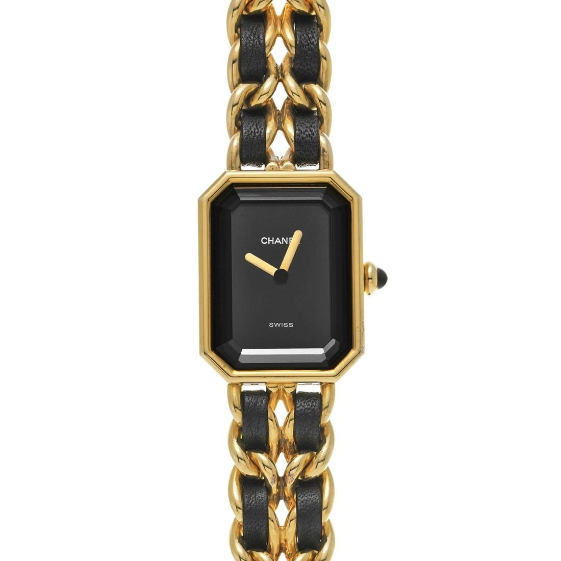 CHANEL PREMIRE BLACK WATCH: CHANEL Premire black Watch Brand: CHANEL Type/Style: Wristwatch Material: Band Material Leather, Gold Plated, Stainless Steel, Metal, Yellow Gold, Case Material Gold Plated, Stainless Steel Color: