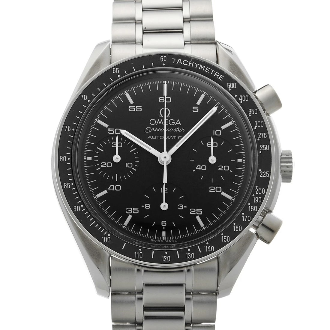 OMEGA SPEEDMASTER AUTOMATIC BLACK WATCH: OMEGA Speedmaster Automatic black Watch Brand: OMEGA Type/Style: Wristwatch Material: Band Material Stainless steel, Case Material Stainless steel Color: Dial Color black Size: Case Size H/about 39mm
