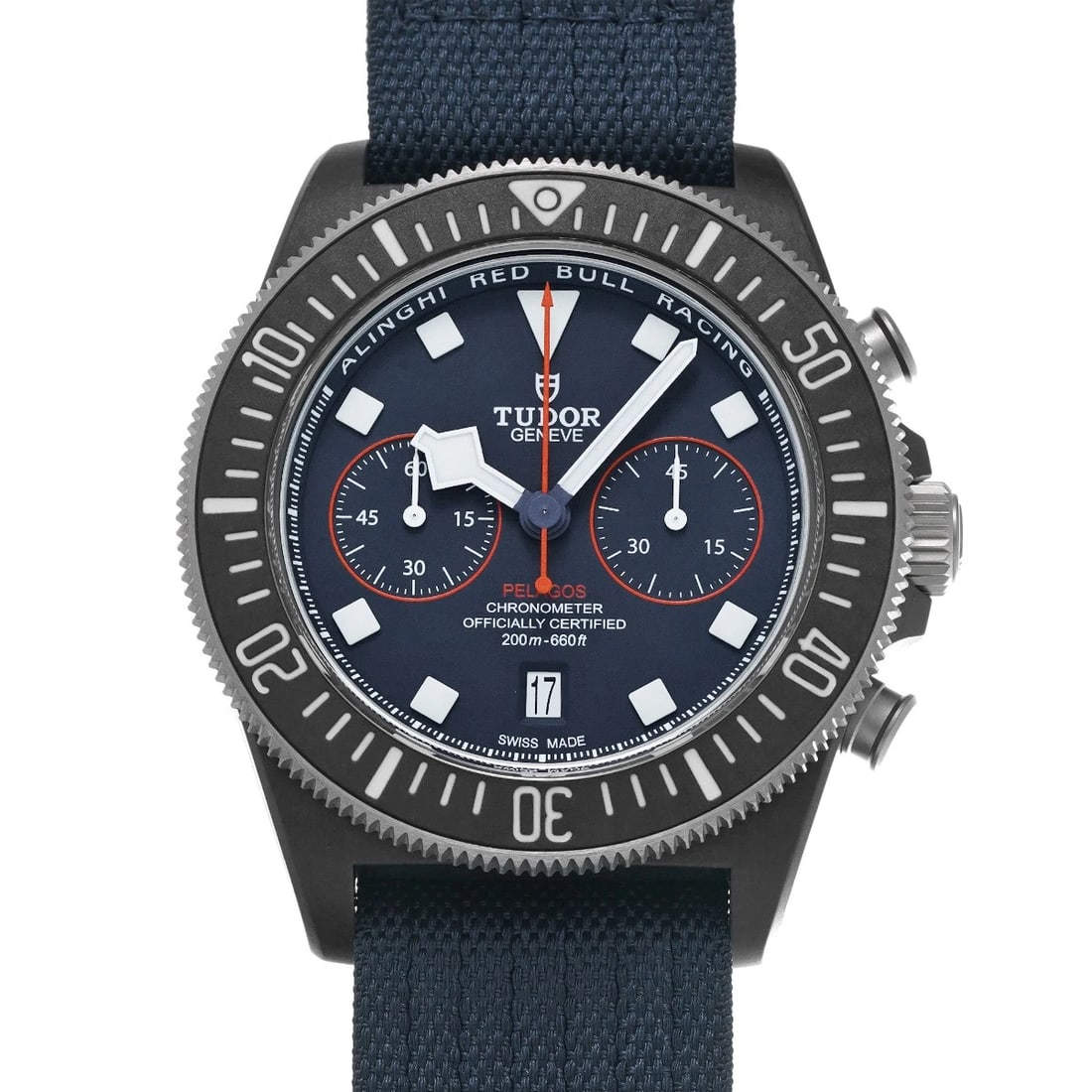 TUDOR PELAGOS CHRONO BLUE WATCH: TUDOR Pelagos Chrono blue Watch Brand: TUDOR Type/Style: Wristwatch Material: Band Material fabric, Case Material carbon Color: Dial Color blue Size: Case Size H/about 43mm W/about 43mm D/about