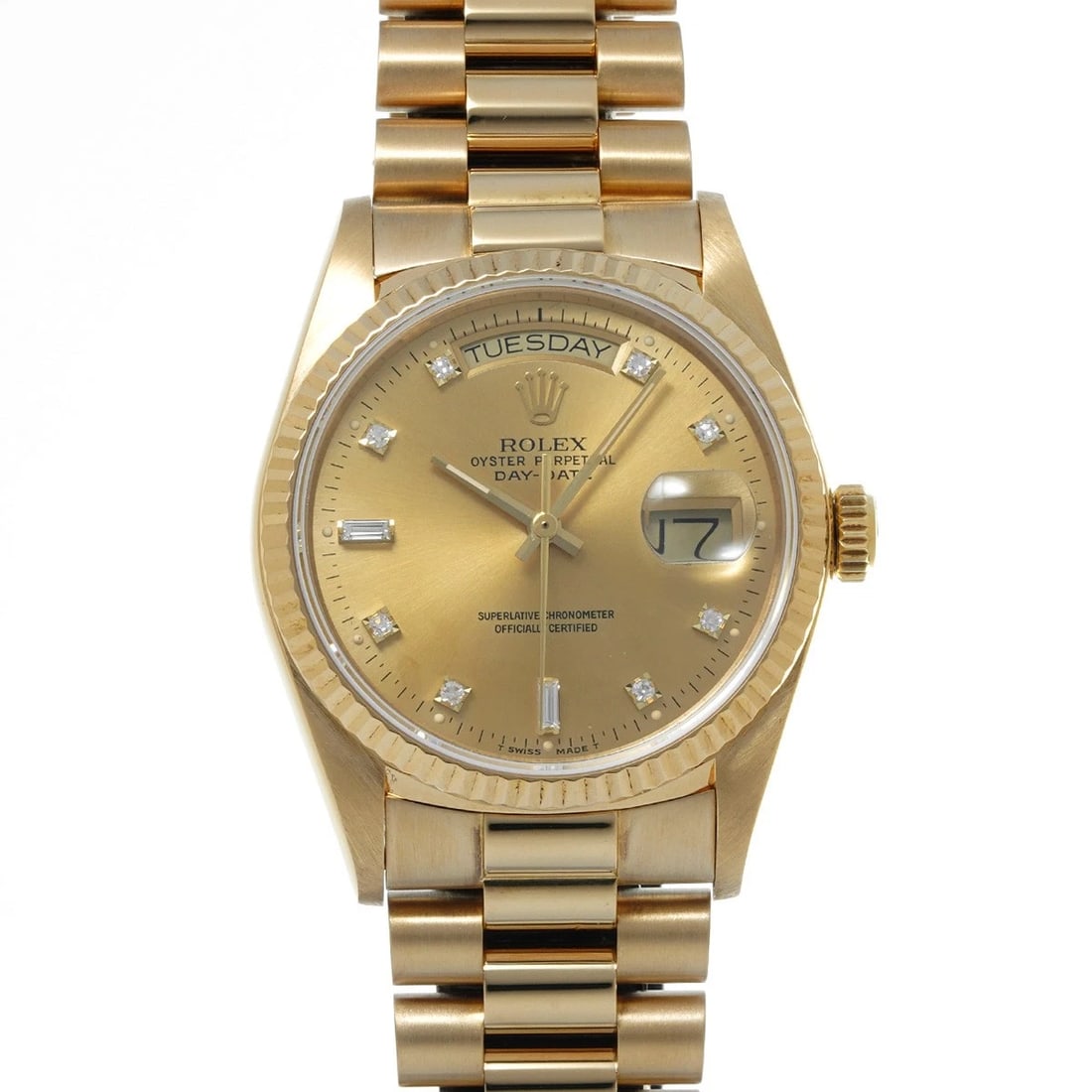 ROLEX DAY-DATE CHAMPAGNE/DIAMOND WATCH: ROLEX Day-Date Champagne/diamond Watch Brand: ROLEX Type/Style: Wristwatch Material: Band Material Yellow Gold, Case Material Yellow Gold Color: Dial Color Champagne Size: Case Size H/about 36mm