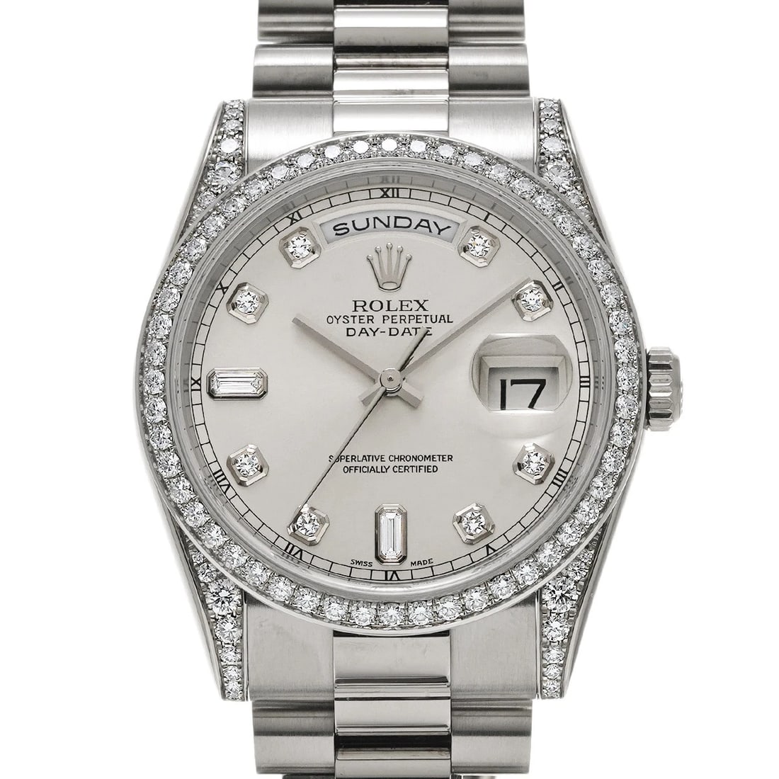 ROLEX DAY-DATE 36 SILVER/DIAMOND WATCH: ROLEX Day-Date 36 Silver/diamond Watch Brand: ROLEX Type/Style: Wristwatch Material: Band Material White gold, Case Material White gold Color: Dial Color Silver Size: Case Size H/about 36mm W/about