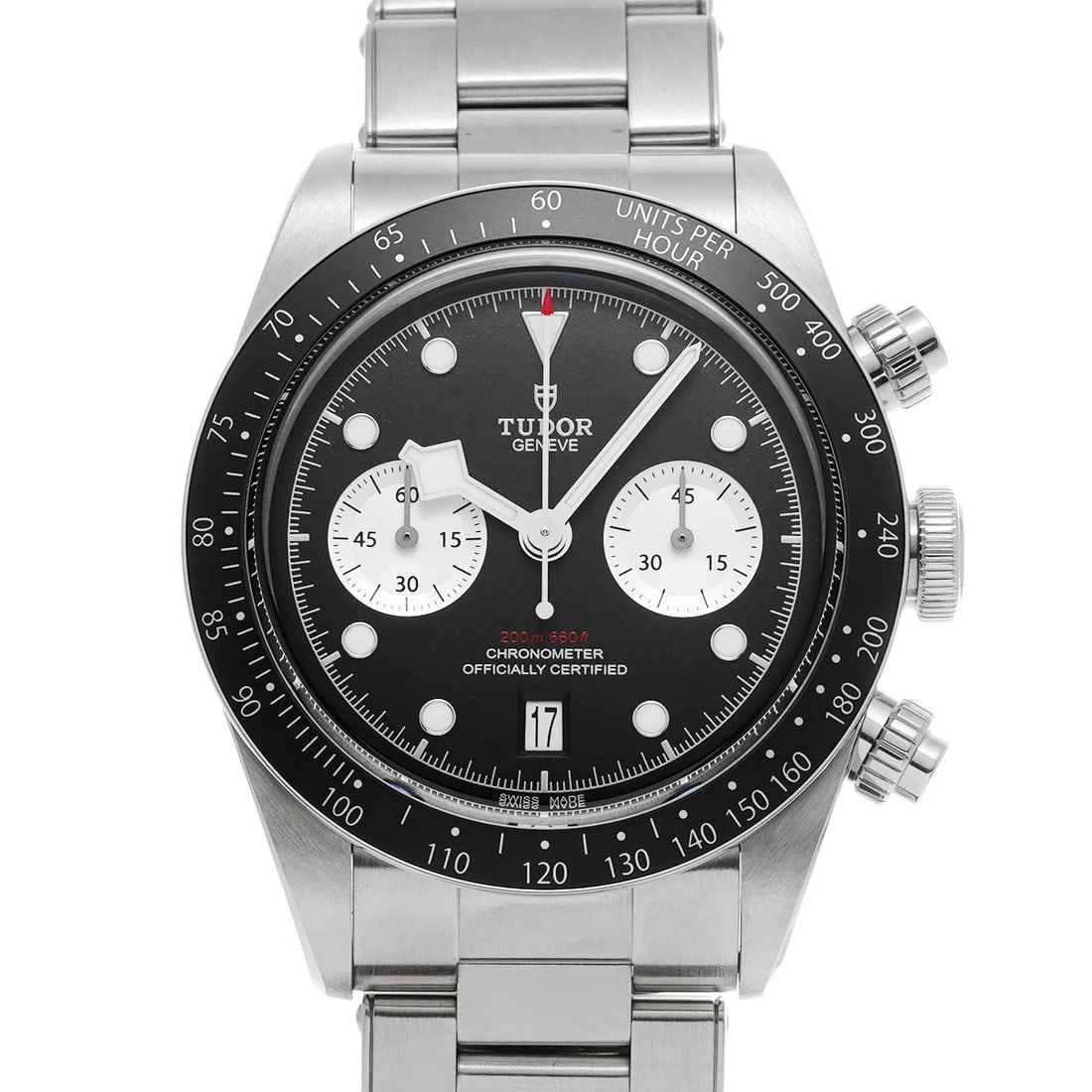 TUDOR BLACK BAY CHRONO BLACK/SILVER WATCH: TUDOR Black Bay Chrono black/Silver Watch Brand: TUDOR Type/Style: Wristwatch Material: Band Material Stainless steel, Case Material Stainless steel Color: Dial Color black Size: Case Size H/about