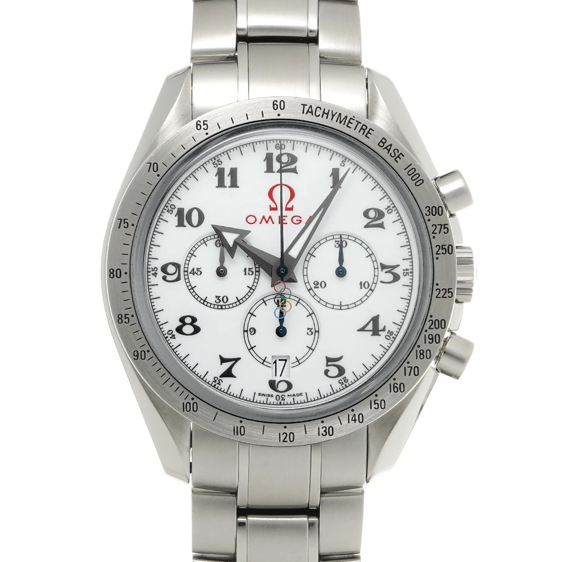OMEGA SPEEDMASTER BROAD ARROW CO-AXIAL OLYMPIC COLLECTION WATCH: OMEGA Speedmaster Broad Arrow Co-axial Olympic Collection Watch Brand: OMEGA Type/Style: Wristwatch Material: Band Material Stainless steel, Case Material Stainless steel Color: Dial Color white