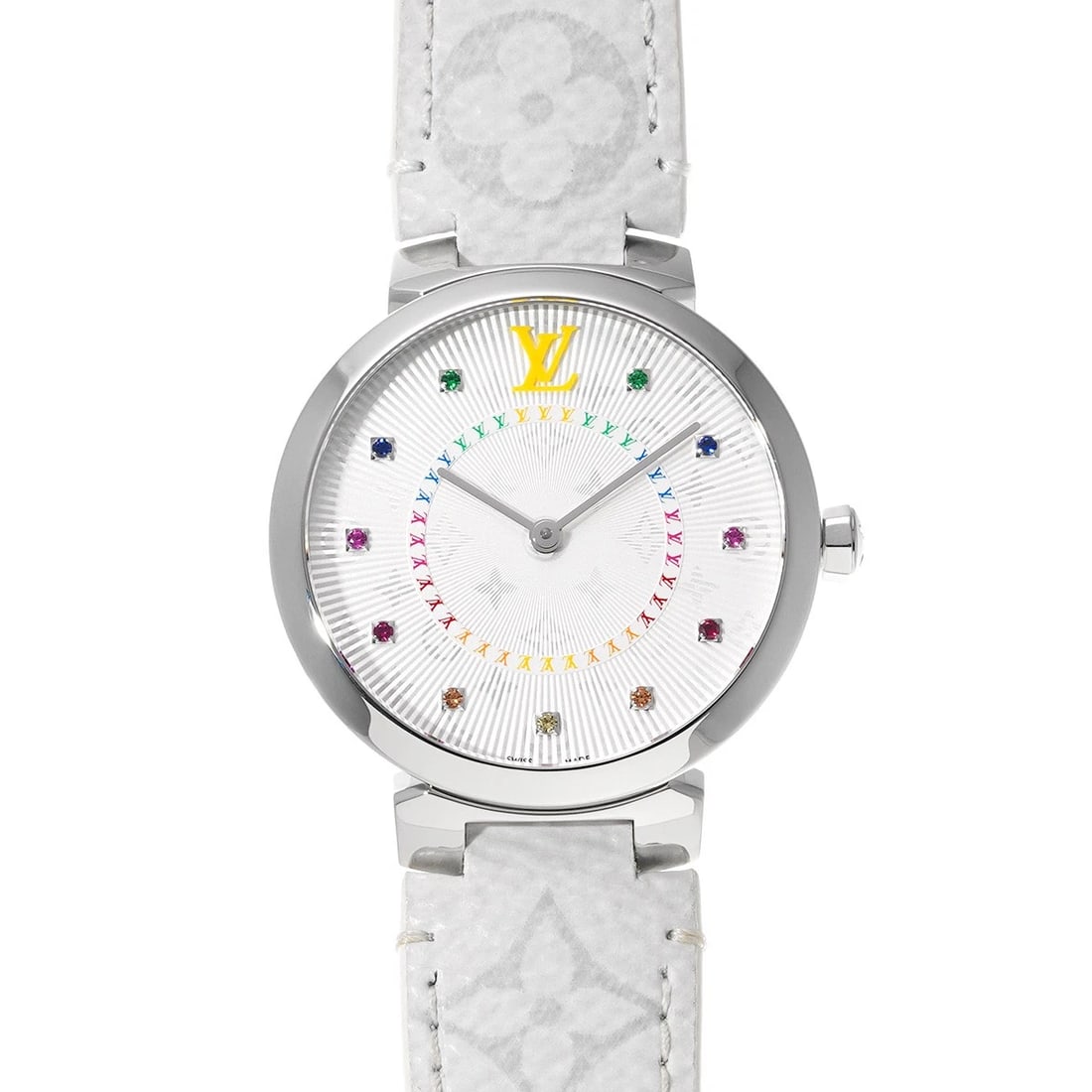 LOUIS VUITTON TAMBOUR SLIM MM SILVER/COLORED STONE WATCH: LOUIS VUITTON Tambour Slim MM Silver/Colored stone Watch Brand: LOUIS VUITTON Type/Style: Wristwatch Material: Band Material leather, Case Material Stainless steel Color: Dial Color Silver Size: Case 