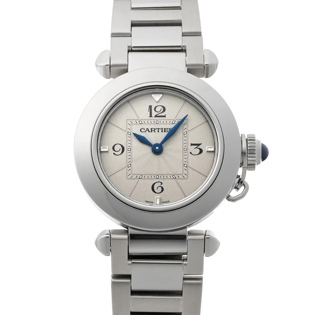 CARTIER PASHA DE CARTIER SILVER WATCH: CARTIER Pasha de Cartier Silver Watch Brand: Cartier Type/Style: Wristwatch Material: Band Material Steel, Case Material Steel Color: Dial Color Dial Color White Band Color Silver Case Color Silver Si