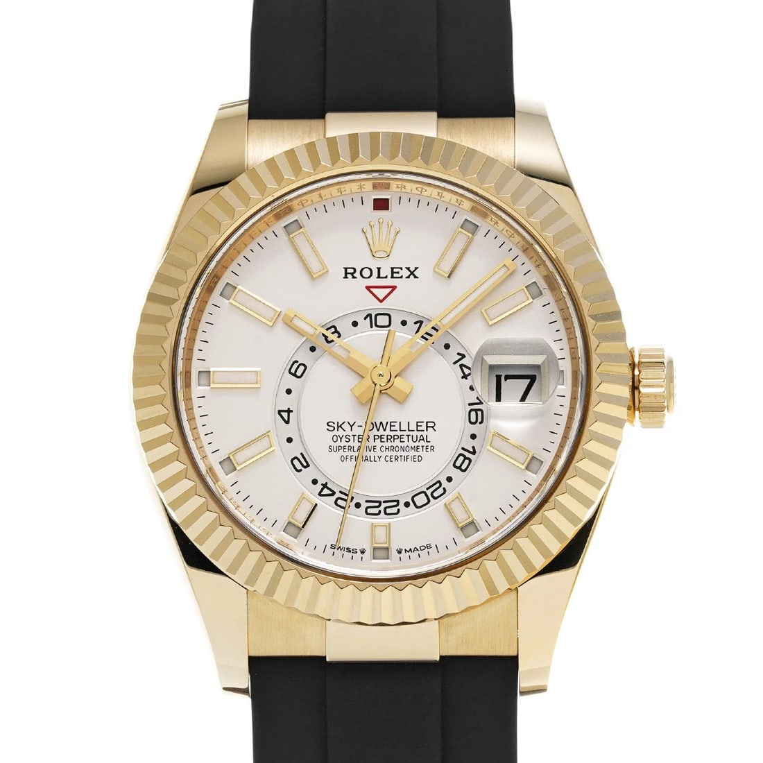 ROLEX SKY DWELLER WHITE WATCH: ROLEX Sky Dweller white Watch Brand: ROLEX Type/Style: Wristwatch Material: Band Material rubber, Case Material Yellow Gold Color: Dial Color Dial Color white Band Color black Size: Case Size H/about 