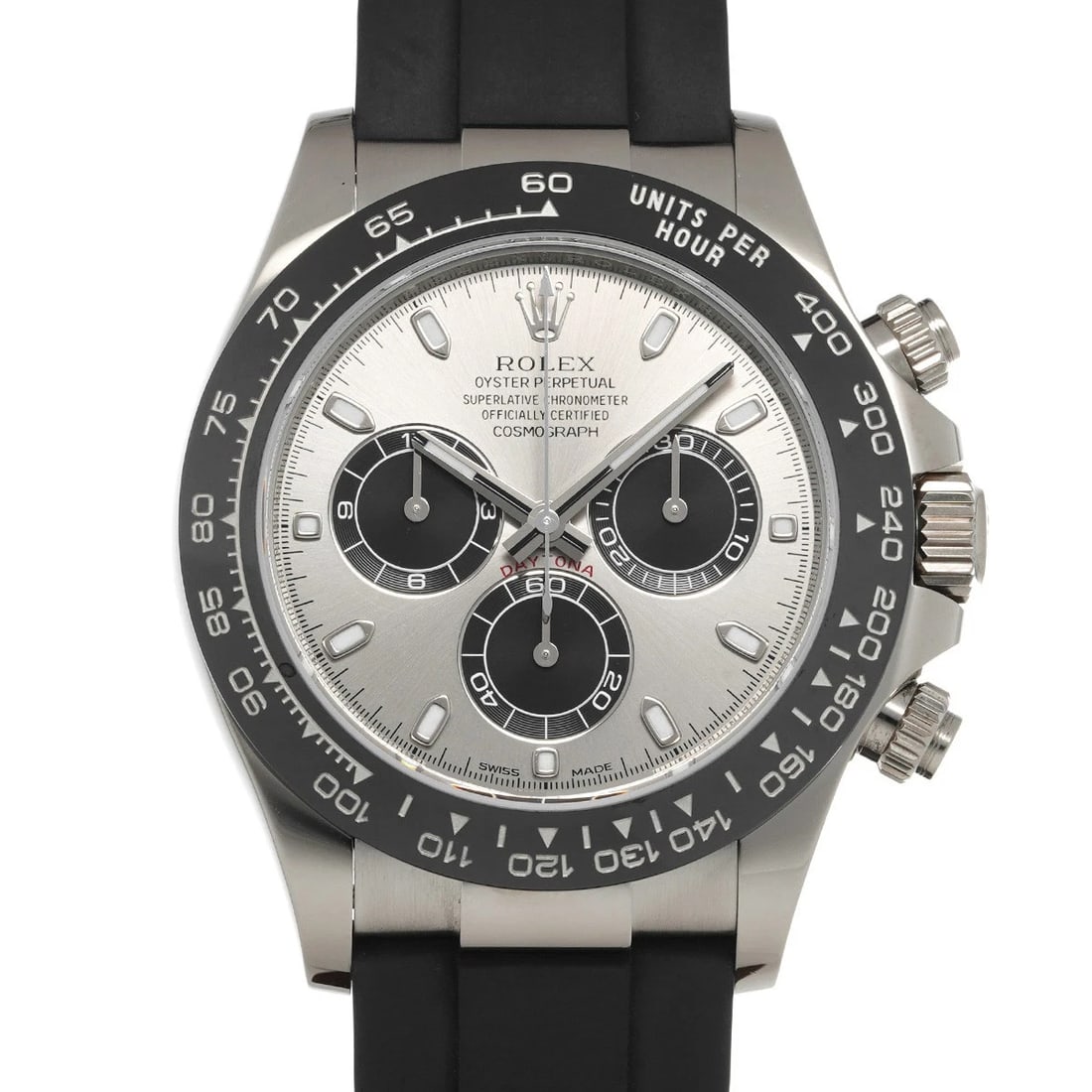 ROLEX COSMOGRAPH DAYTONA STEEL/BLACK WATCH: ROLEX Cosmograph Daytona steel/black Watch Brand: ROLEX Type/Style: Wristwatch Material: Band Material rubber, Case Material White gold Color: Dial Color steel Size: Case Size H/about 40mm W/about 40m