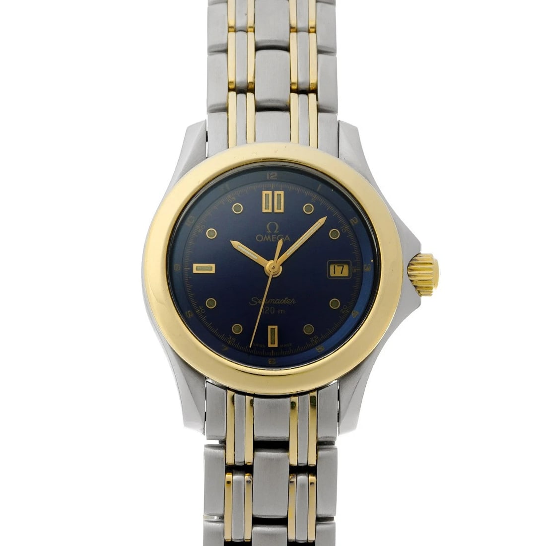 OMEGA SEAMASTER QUARTZ BLUE WATCH: OMEGA Seamaster Quartz blue Watch Brand: OMEGA Type/Style: Wristwatch Material: Band Material Stainless Steel, Case Material Stainless Steel Color: Dial Color Dial Color Blue Case Color Silver Size: C