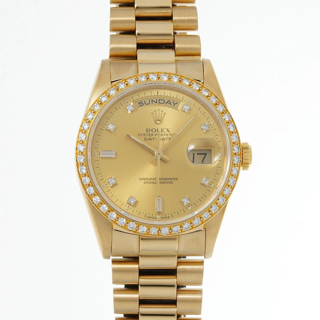 ROLEX DAY-DATE DIAMOND DIAMOND BEZEL CHAMPAGNE/DIAMOND WATCH: ROLEX Day-Date Diamond Diamond Bezel Champagne/diamond Watch Brand: ROLEX Type/Style: Wristwatch Material: Band Material Yellow Gold, Case Material Yellow Gold Color: Dial Color Champagne Size: Case S