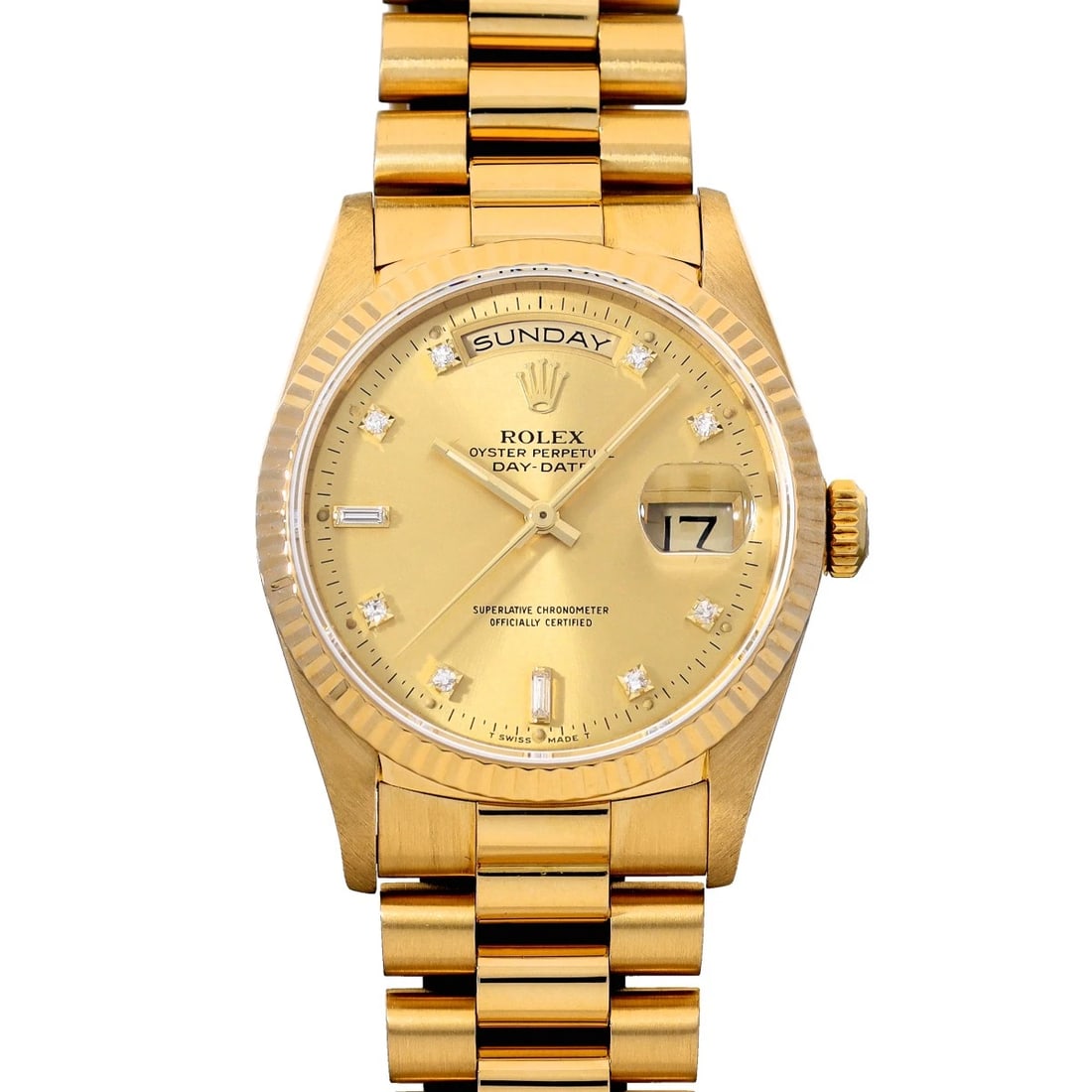 ROLEX DAY-DATE CHAMPAGNE/DIAMOND WATCH: ROLEX Day-Date Champagne/diamond Watch Brand: ROLEX Type/Style: Wristwatch Material: Band Material Yellow Gold, Case Material Yellow Gold Color: Dial Color Champagne Size: Case Size H/about 36mm W/abo