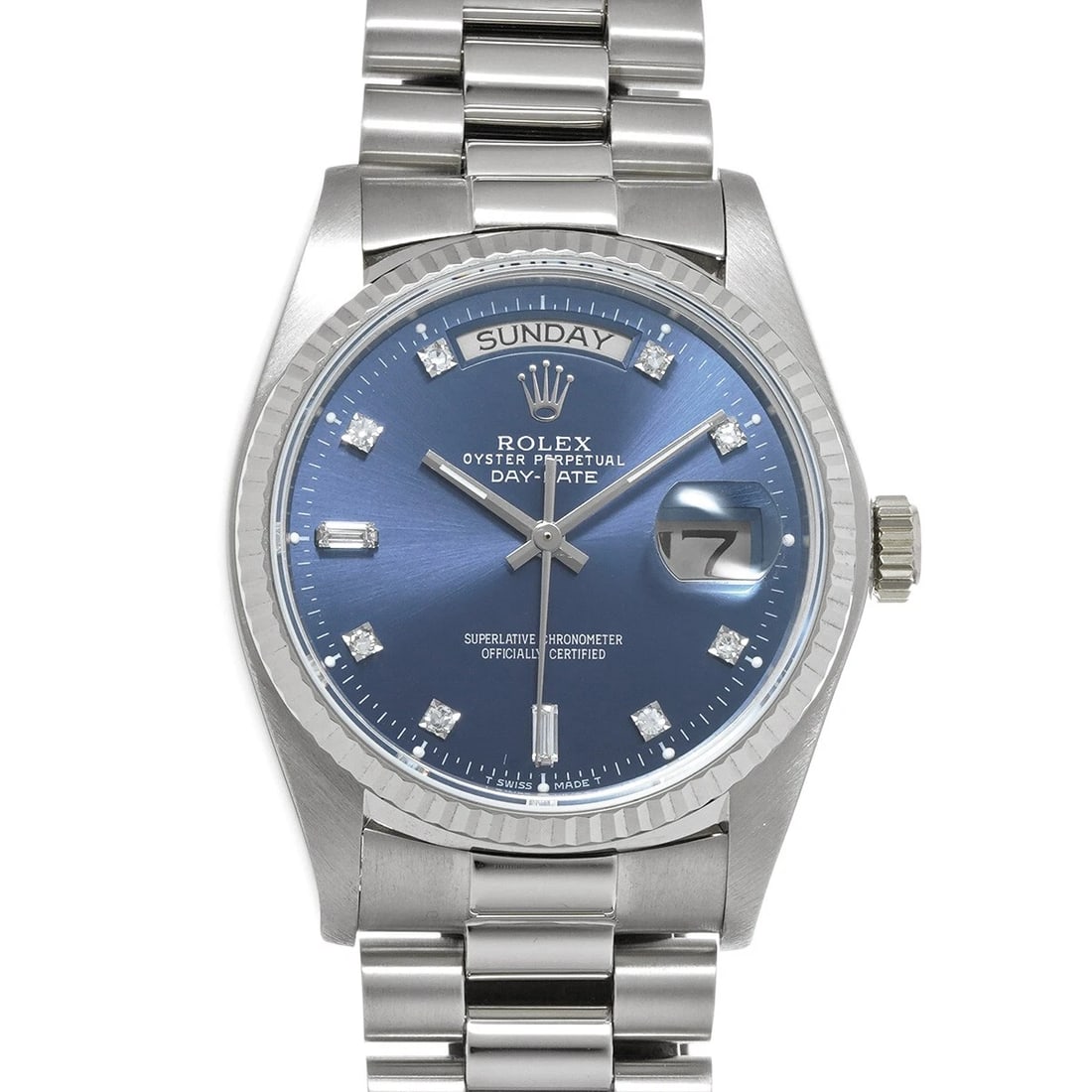 ROLEX DAY-DATE BLUE/DIAMOND WATCH: ROLEX Day-Date blue/diamond Watch Brand: ROLEX Type/Style: Wristwatch Material: Band Material White gold, Case Material White gold Color: Dial Color blue Size: Case Size H/about 36mm W/about 36mm D/ab