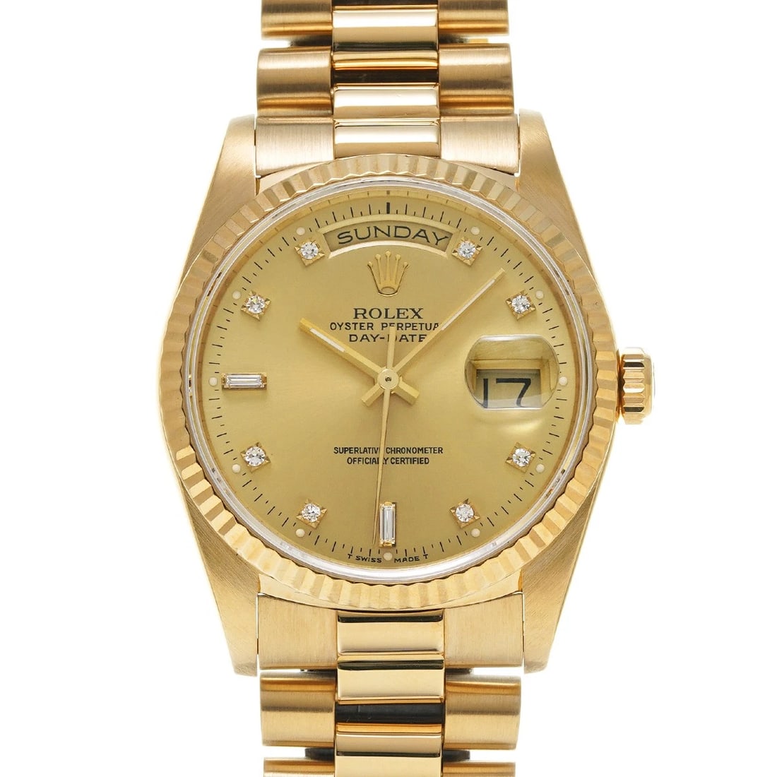 ROLEX DAY-DATE CHAMPAGNE/DIAMOND WATCH: ROLEX Day-Date Champagne/diamond Watch Brand: ROLEX Type/Style: Wristwatch Material: Band Material Yellow Gold, Case Material Yellow Gold Color: Dial Color Champagne Size: Case Size H/about 36mm W/abo