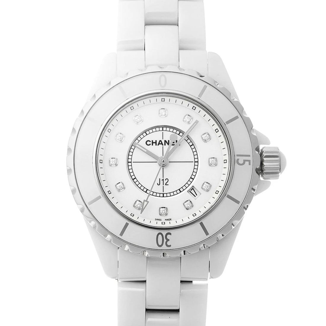 CHANEL J12 WHITE/DIAMOND WATCH: CHANEL J12 white/diamond Watch Brand: CHANEL Type/Style: Wristwatch Material: Band Material ceramic, Case Material ceramic Color: Dial Color white Size: Case Size H/about 33mm W/about 33mm D/about 11m