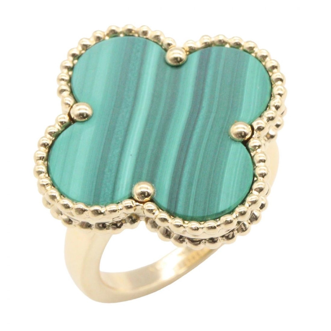 VAN CLEEF & ARPELS MAGIC ALHAMBRA MALACHITE RING: Van Cleef & Arpels Magic Alhambra Malachite Ring Brand: Van Cleef & Arpels Type/Style: Ring Material: K18 (Yellow Gold), Color: Gold Size: Us size 4.5 Accessories: None Accessories Notice: When