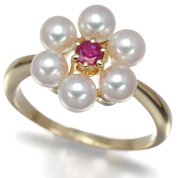 MIKIMOTO RING AKOYA PEARL RUBY FLOWER 18K 750 YELLOW GOLD: Mikimoto Ring Akoya Pearl Ruby Flower 18K 750 Yellow Gold Brand: MIKIMOTO Type/Style: Ring Material: 18K/ 750 Yellow Gold, Main Stone Cultured Color: Yellow Gold Size: US5.75-6 Accessories: None <