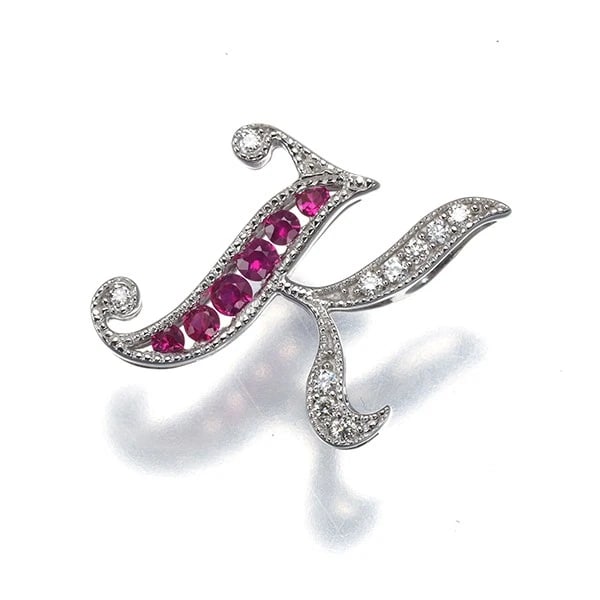 RUBY DIAMOND ALPHABET INITIAL K PENDANT: Ruby Diamond Alphabet Initial K Pendant Brand: Unbranded Type/Style: Pendant Material: 18K/ 750 White Gold, Main Stone Natural Color: White Gold Size: Design size: 13.3 x 14.5mm Bail inner diameter: 4