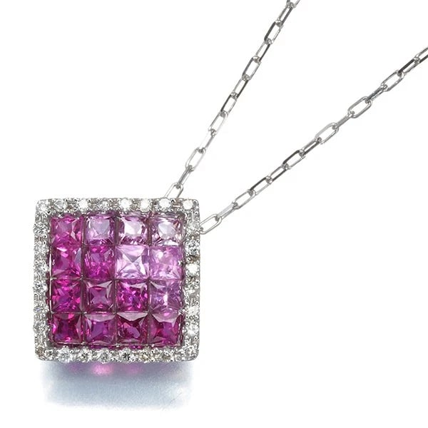PINK SAPPHIRE RUBY DIAMOND NECKLACE 18K 750 WHITE GOLD (1 of 2)