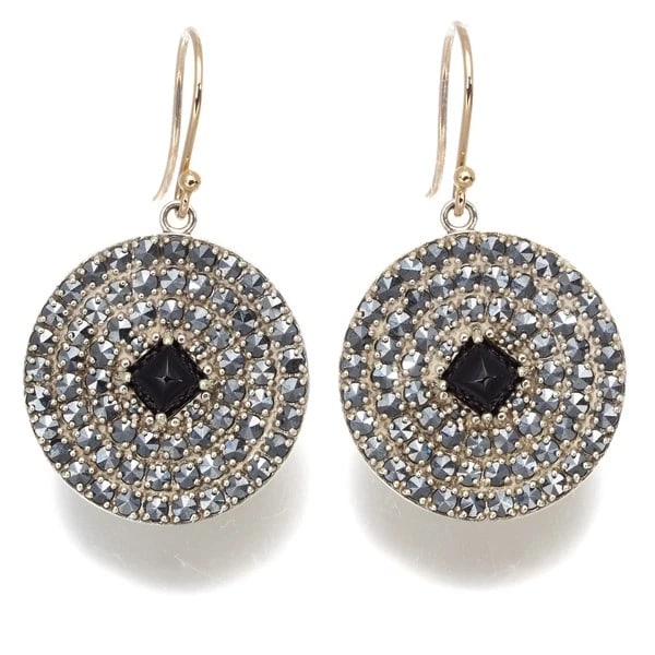 COCOSHNIK EARRINGS ONYX MARCASITE: COCOSHNIK Earrings Onyx Marcasite Brand: COCOSHNIK Type/Style: Earring Material: 10K /416 Yellow Gold, Main Stone Natural Color: Yellow Gold Size: Design Size: Diameter Approximately 18.5mmEarring