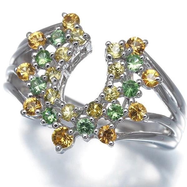 KASAHARA MASUMI RING YELLOW & ORANGE SAPPHIRE GREEN GARNET: KASAHARA MASUMI Ring Yellow & Orange Sapphire Green Garnet Brand: KASAHARA MASUMI Type/Style: Ring Material: 18K/ 750/ White Gold, Main Stone Natural Color: White Gold Size: US5.75-6 Accessories: