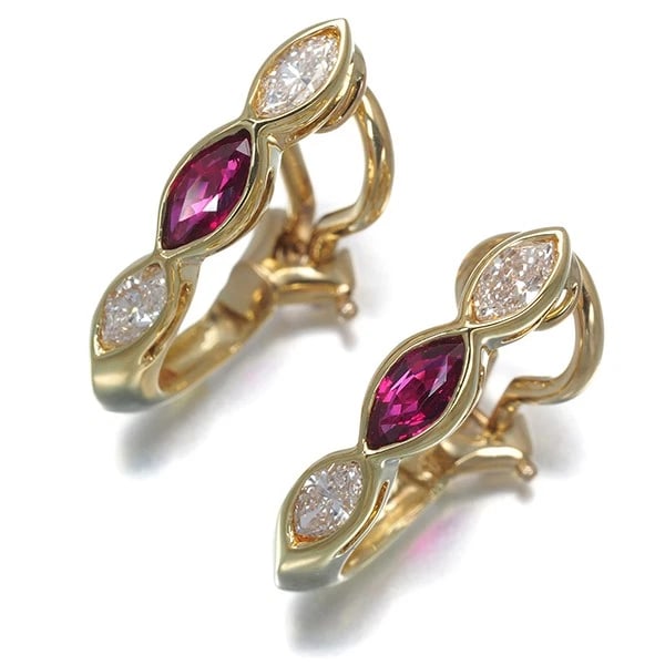 RARE TIFFANY&CO. EARRINGS RUBY DIAMOND MARQUISE-CUT HOOP 18K YG: Rare Tiffany&Co. Earrings Ruby Diamond Marquise-Cut Hoop 18K YG Brand: Tiffany & Co. Type/Style: Earring Material: 18K/ 750/ Yellow Gold, Main Stone Natural Color: Yellow Gold Size: Design size: lengt