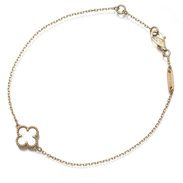 VAN CLEEF & ARPELS BRACELET MOTHER OF PEARL SWEET ALHAMBRA 18K YG: Van Cleef & Arpels Bracelet Mother of Pearl Sweet Alhambra 18K YG Brand: Van Cleef & Arpels Type/Style: Bracelet Material: 18K /750/ Yellow Gold, Main Stone Cultured Color: Yellow Gold Size: Inner