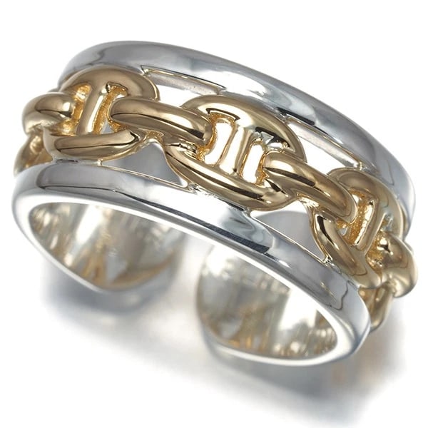 HERMES RING CHAINE D'ANCRE 925 STERLING SILVER/18K 750 YELLOW GOLD: HERMES Ring Chaine d'Ancre 925 Sterling Silver/18K 750 Yellow Gold Brand: HERMES Type/Style: Ring Material: 925 Sterling Silver/18K 750 Yellow Gold, Color: YG,Silver Size: US5 Accessories: None